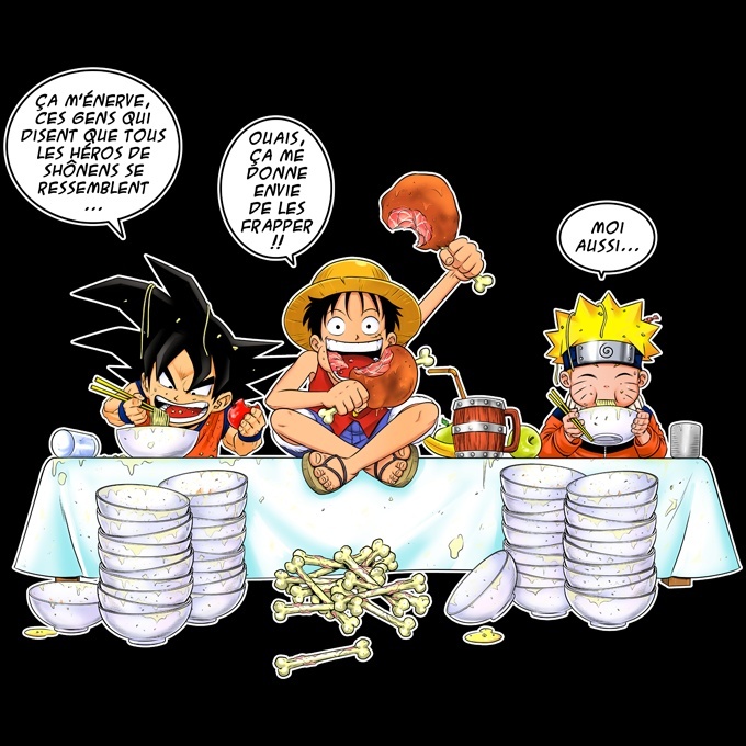 One Piece et Naruto parodique Luffy T-Shirts Noir DBZ Cogner la Recette du Bon Shonen : Sangoku et Naruto : Manger Parodie DBZ, One Piece et Naruto Dormir 