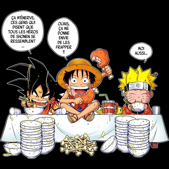   Pull Noir Parodie DBZ One Piece et Naruto Sweatshirt de qualité supérieure - imprimé en France Naruto et Sangoku Luffy La Recette dun Bon Shonen Manga Super Deformed