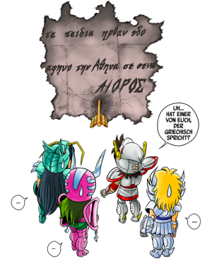 Seiya, Shun, Shiryu, Hyoga und Aioros