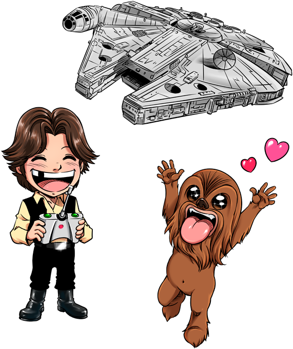 Parody Of One Piece Han Solo And Chewbacca Sd Caricatures And Falcon Millenium Mini Drone