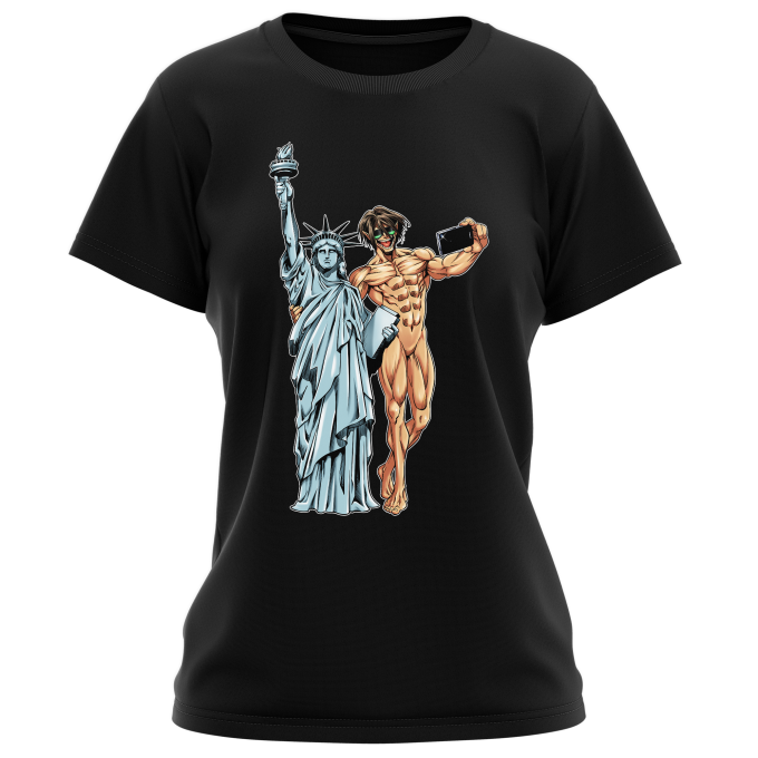 Camiseta de Mujer Negra parodia de Shingeki no Kyojin - Jaeger e la estatua de la Libertad (T-shirt de alta calidad en la talla - impresa en Francia - Réf : 1122)