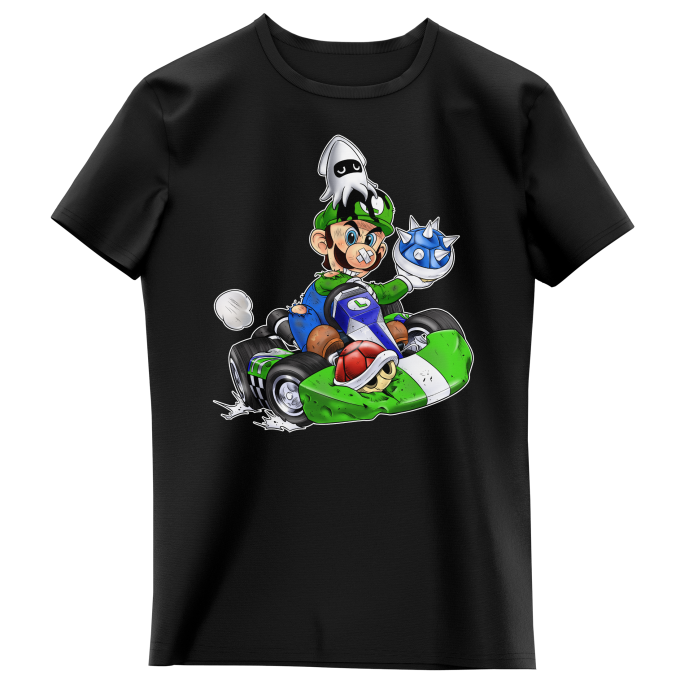 Faceta corte largo corto Camiseta de manga corta Negra para Niñas parodia de Mario Kart - Luigi (T- shirt de alta calidad en la talla 670 - impresa en Francia - Réf : 670)