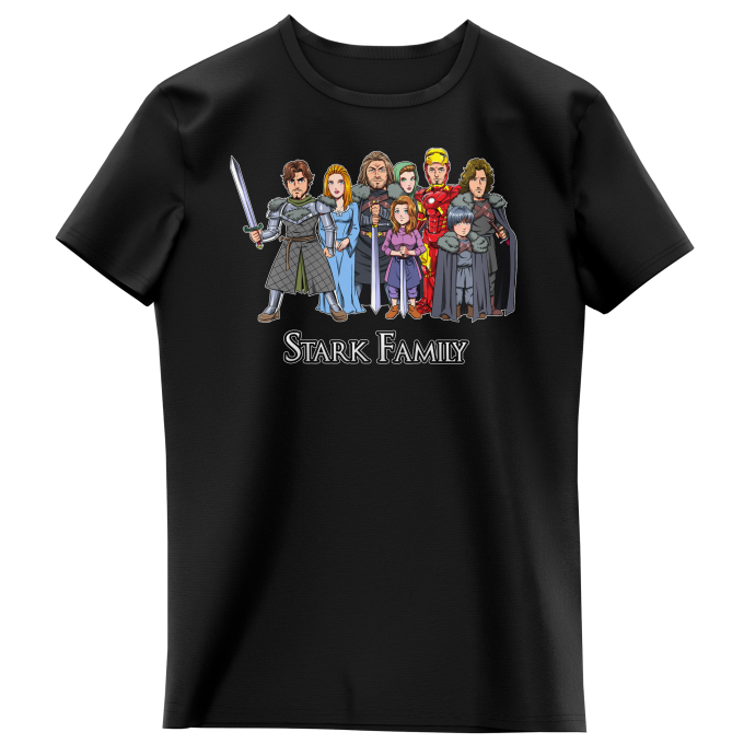 Game of Thrones Parody Girls Kids T-shirt - Eddard, Catelyn, Robb, Sansa, Arya, Brian, Rickon and Tony Stark (Robert Downey Jr Caricature) (Funny Game of Thrones Parody - High Quality - Size