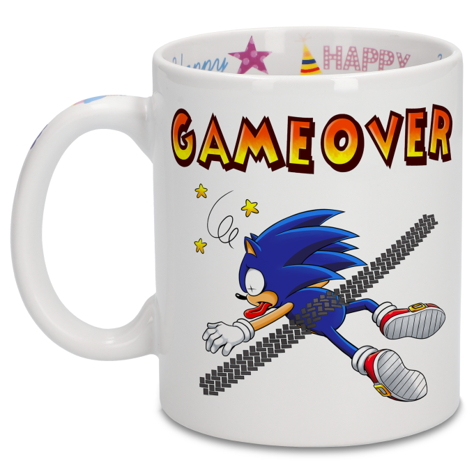 Tazza di compleanno con stampa sul manico, interno ed esterno - Parodia  Sonic - Sonic (Tazza di qualità premium - Stampata in Francia - Rif : 378)