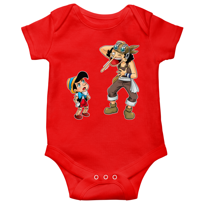 One Piece Parody Red Short Sleeved Baby Bodysuit Usopp And Piniocchio Funny One Piece Parody High Quality Babygrow Size 681 Ref 681