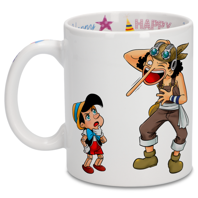 One Piece Lustiges Geburtstagsbecher Tasse Mit Druck Auf Dem Henkel Innen Und Aussen Lysop Und Piniocchio One Piece Parodie Signiert Okiwoki Hochwertiges Tasse Ref 681