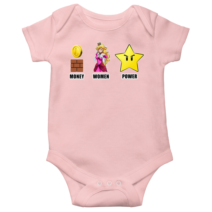 Super Mario Parody Pink Short-sleeved baby bodysuit (Girls) - Mario - Women,  Money and Power (Funny Super Mario Parody - High Quality Babygrow - Size  763 - Ref : 763)