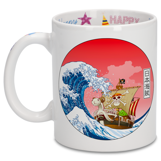 Tazza di compleanno con stampa sul manico, interno ed esterno - Parodia One  Piece - Going Merry X La grande onda di Kanagawa (Tazza di qualità premium  - Stampata in Francia - Rif : 801)